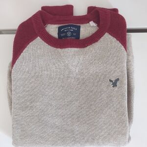 American Eagle Outfitters Men's Burgundy and Beige Crewneck Sweater